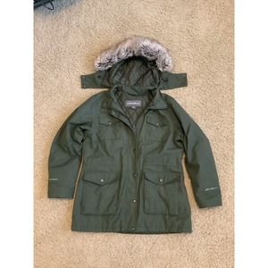 Eddie Bauer Weatheredge Women’s Parka Quilted Olive Green Hood Faux Fur XL